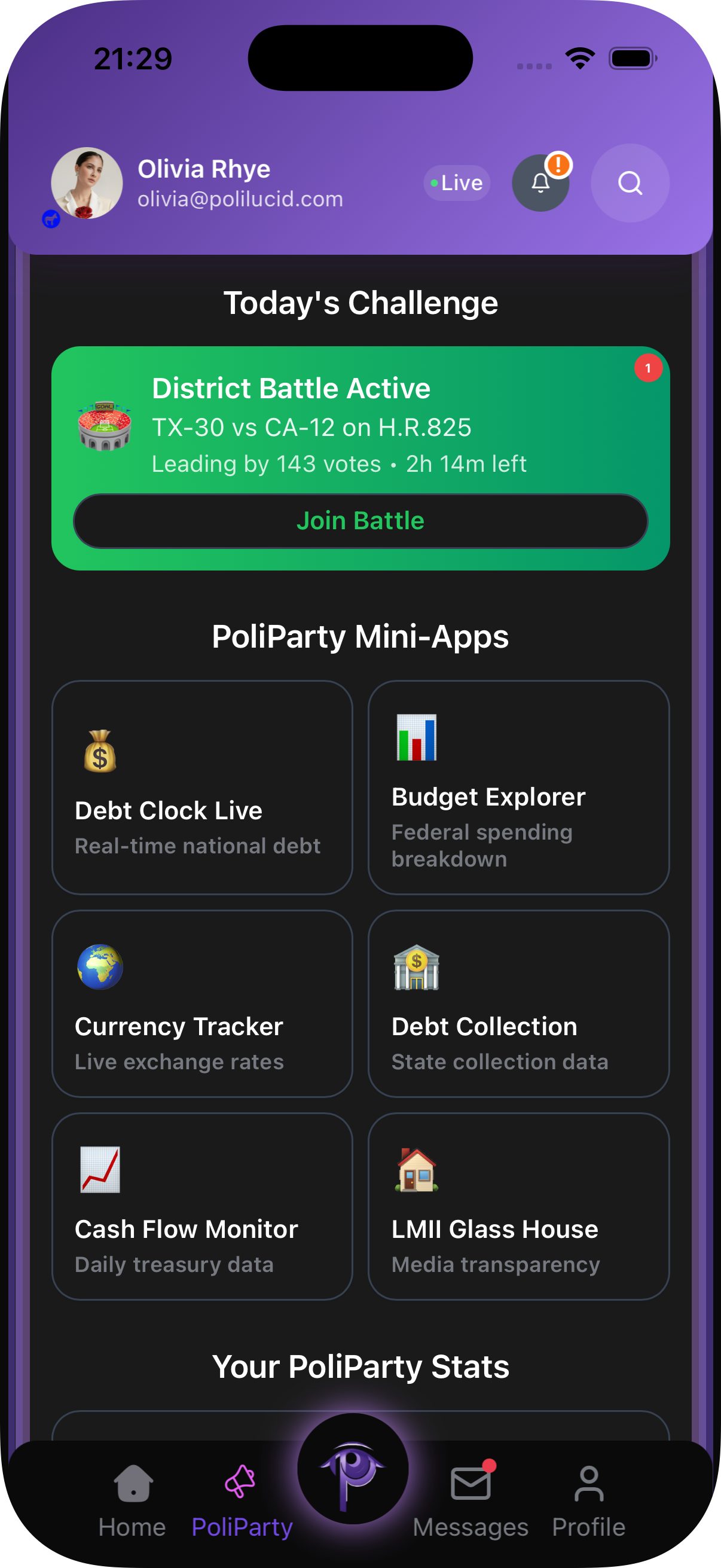 PoliParty Feed - dark mode
